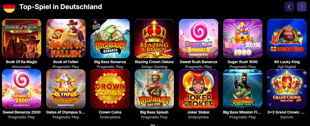 NV Casino Spielauswahl mit Book of Ra Magic, Big Bass Bonanza und Sugar Rush 1000