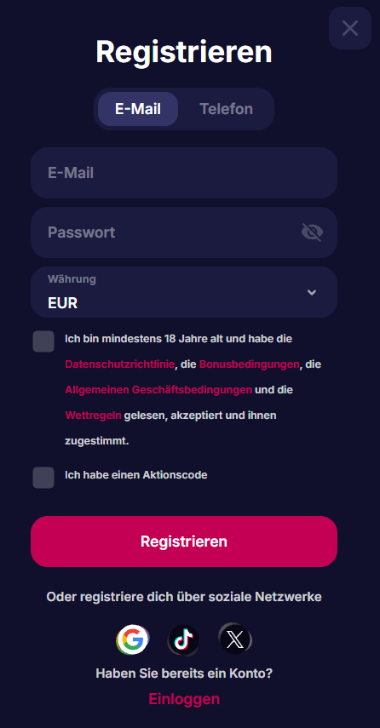 NV Casino Registrierung mit E-Mail, Telefon, Euro und Aktionscode
